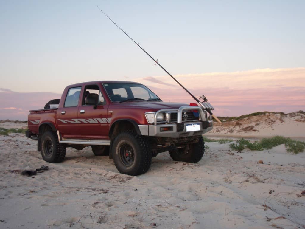 Sunset on the beach fishing in My Hilux Using my car on the beach for fishing