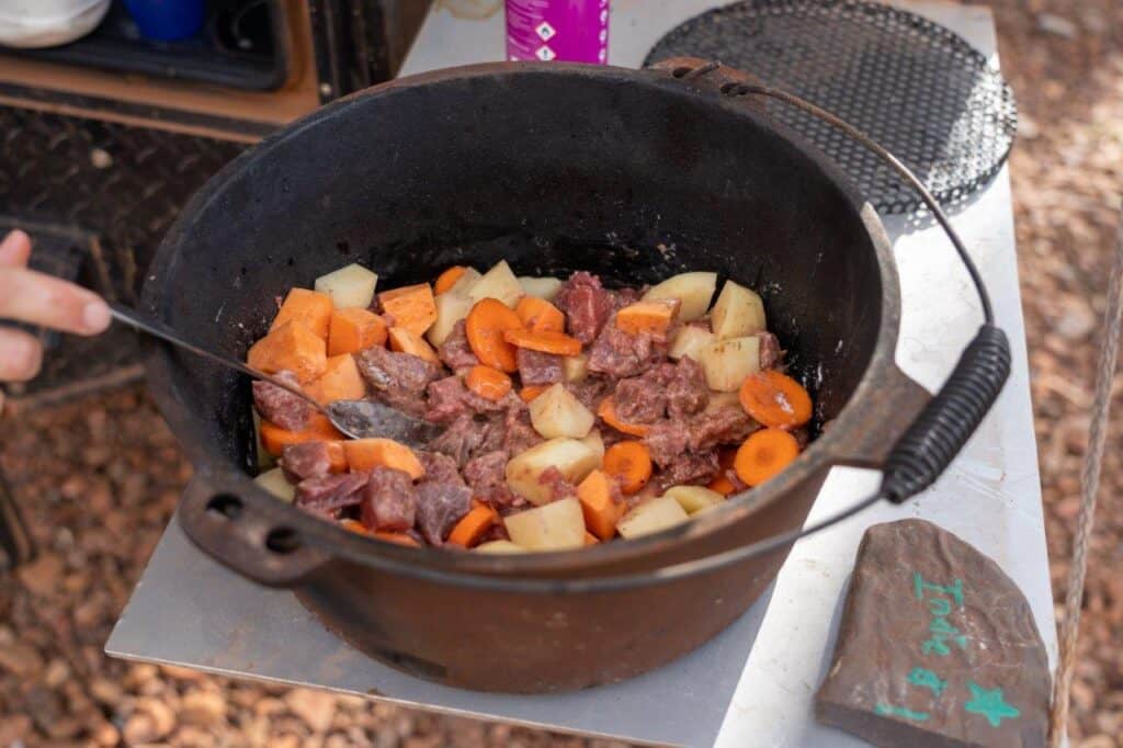 Camp oven stew; simple, tasty and perfect on a cold night